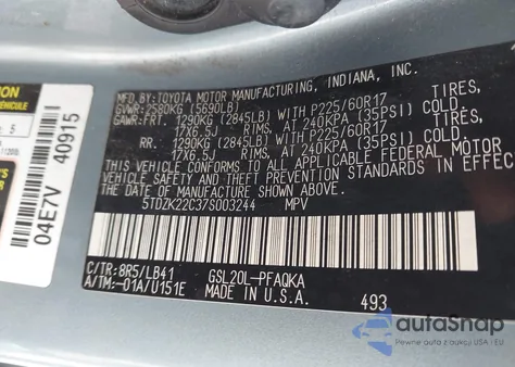 2007 Toyota Sienna Xle from USA, damaged, VIN 5TDZK22C37S003244